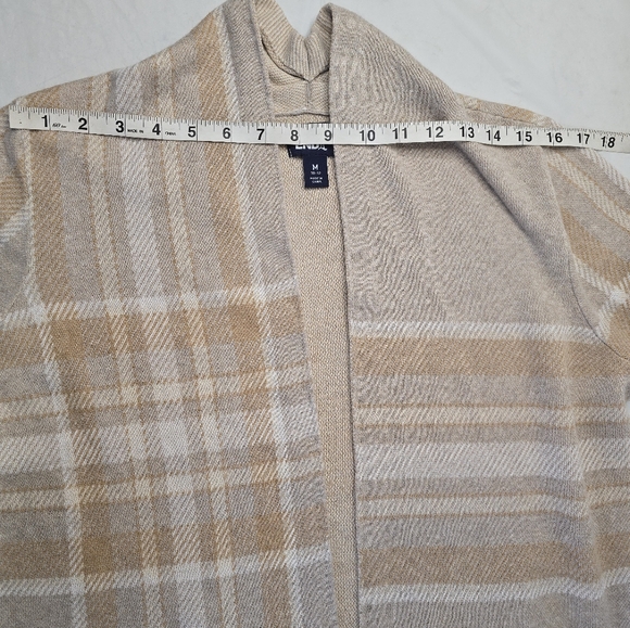 Lands' End Open Cardigan Sweater Beige Plaid Long Line Lightweight Cotton M - Picture 9 of 13